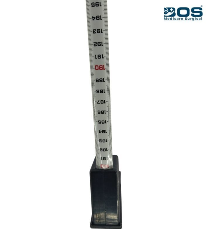 Close-up view of stature meter measuring scale and sliding headpiece