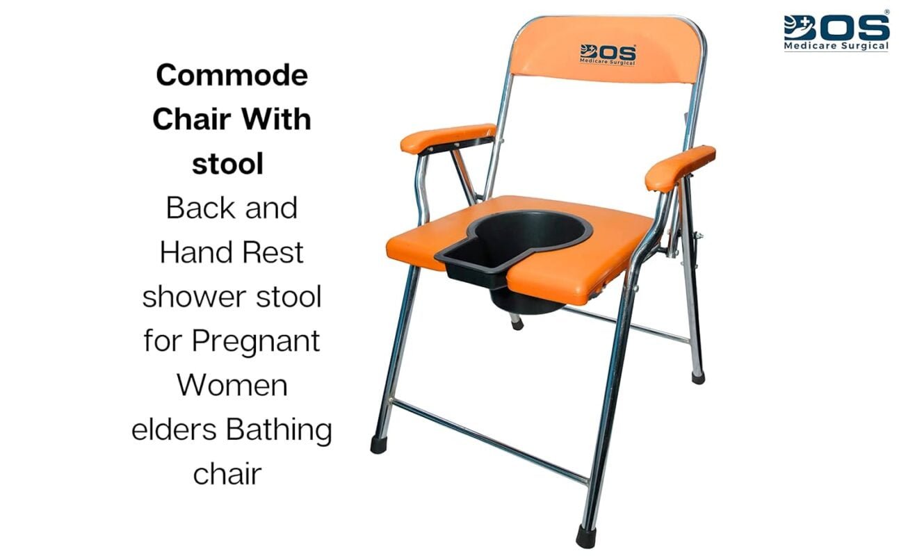 Orange and black folding commode chair with armrest and toilet seat