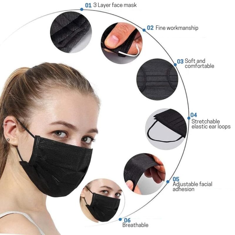 Black Disposable Face Mask with Soft Ear Loops and Comfortable Fit
