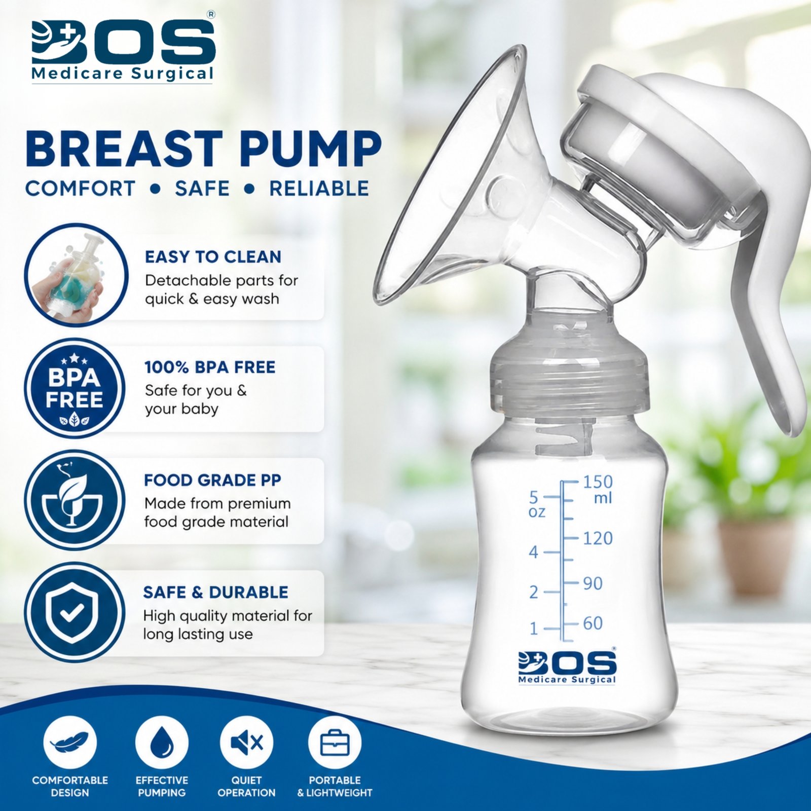 Manual Breast Pump with Baby Feeding Bottle BPA Free | BOS Medicare Surgical