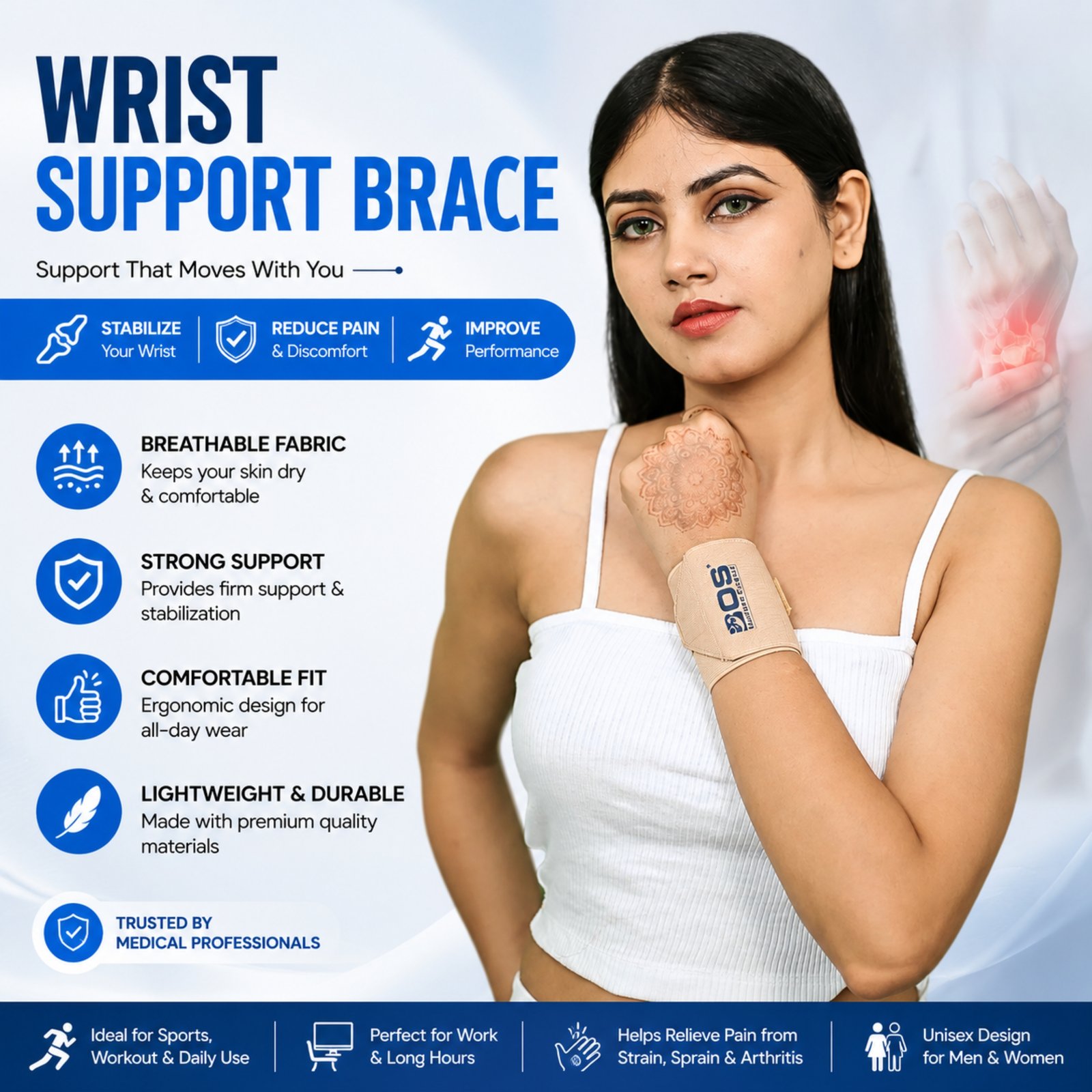 Comfortable wrist support brace with adjustable fit