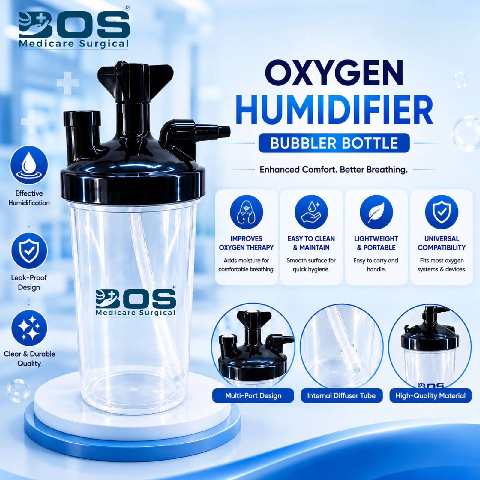 Oxygen humidifier bubble bottle for oxygen therapy
