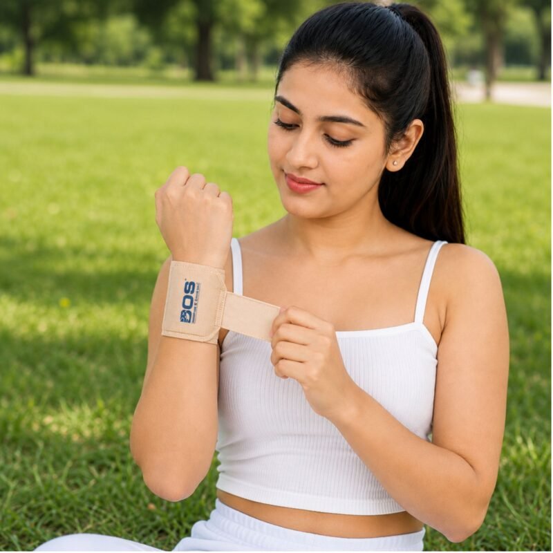 Woman wearing wrist support brace outdoors