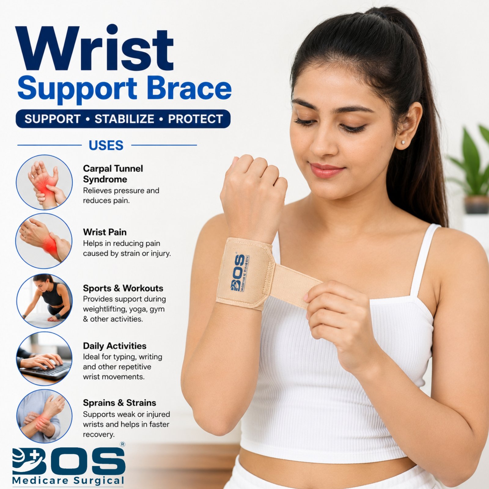 Adjustable wrist support brace for pain relief