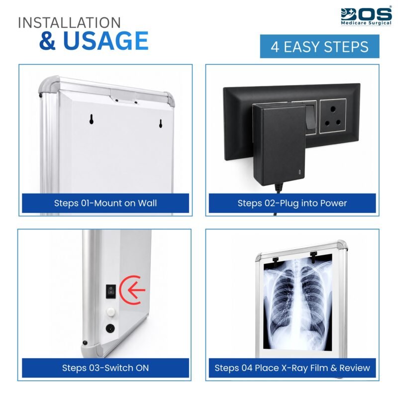 Step-by-step installation guide for the LED X-Ray View Box with wall mounting and power