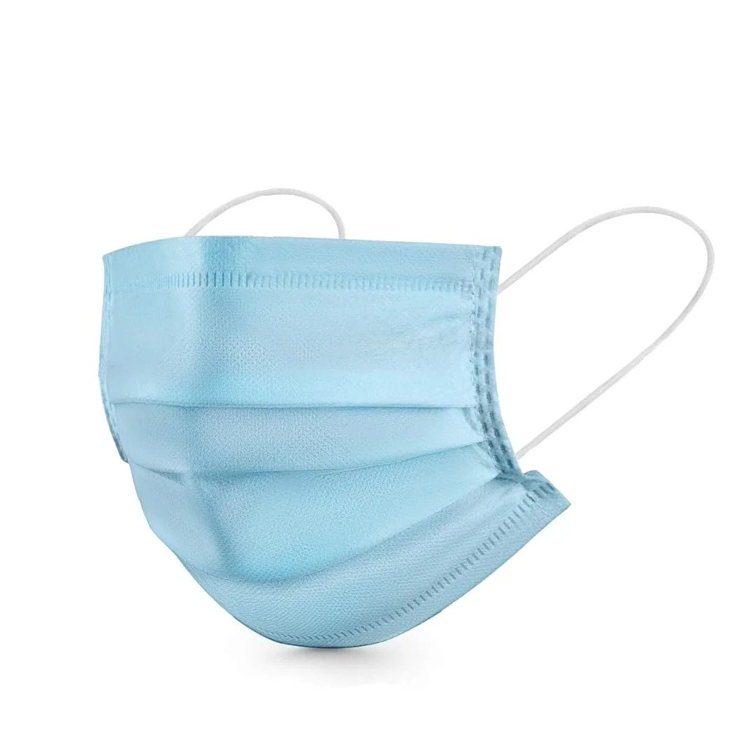 Blue 3 Ply Disposable Face Mask Side View with Ear Loops
