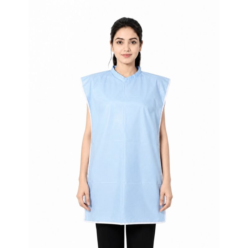Sky Blue Dental Drape worn by model for dental patient protection
