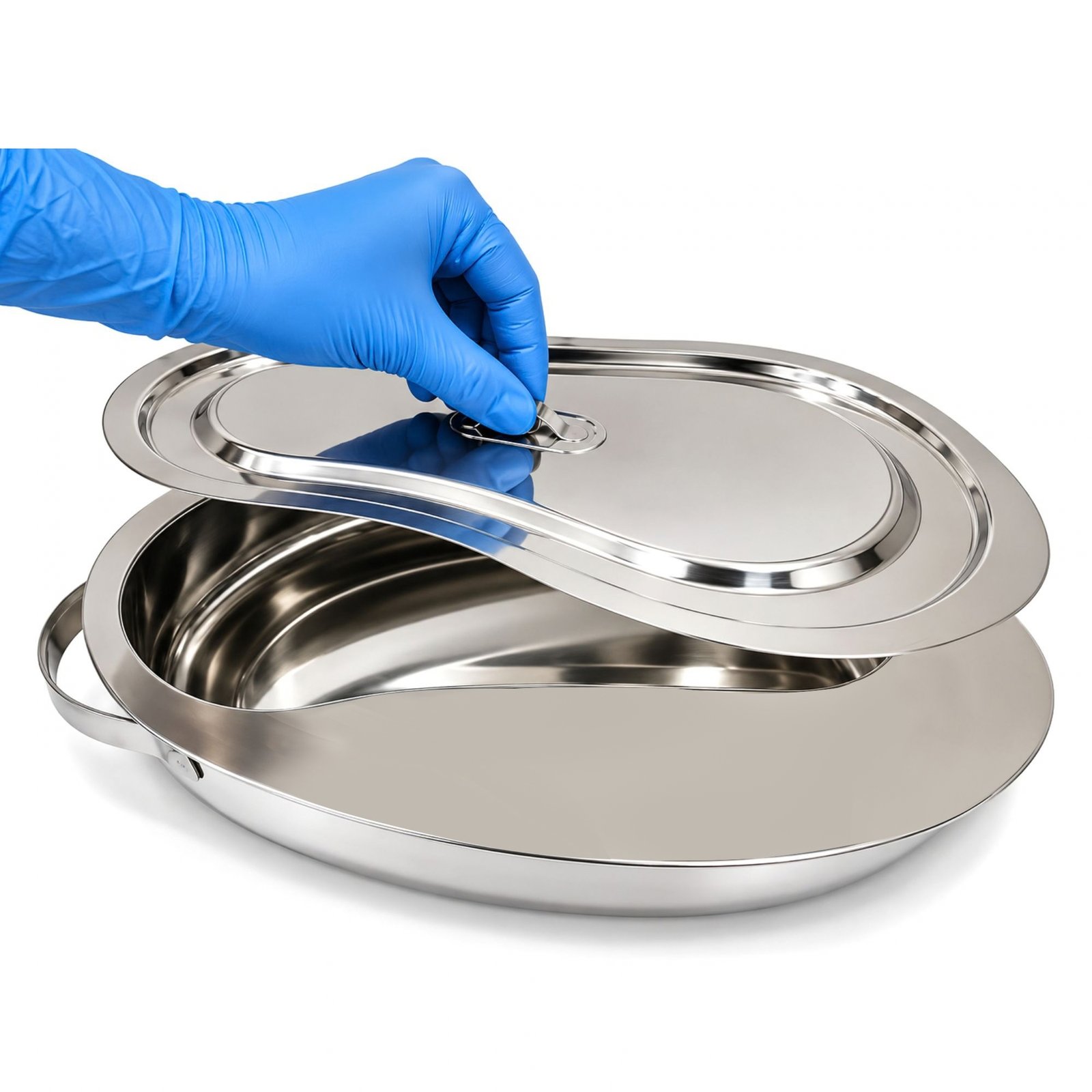 Close-up of stainless steel female bedpan with lid and handle