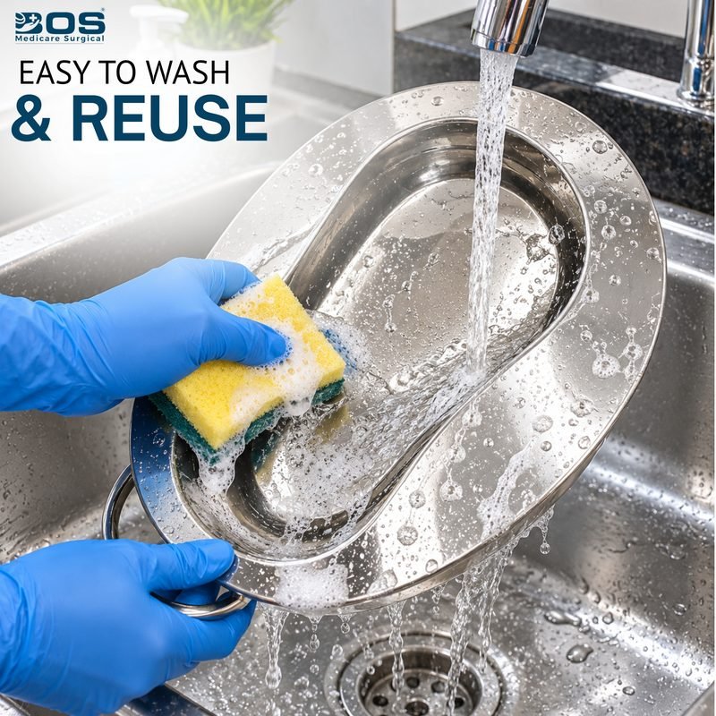 Stainless steel female bedpan being cleaned with water and sponge